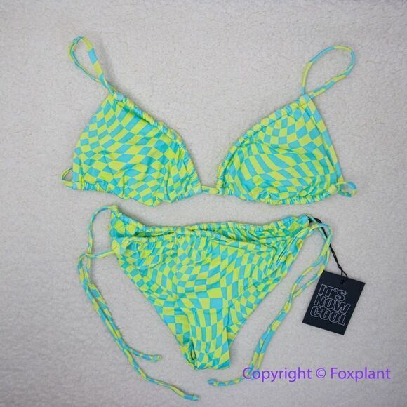 NEW It’s Now Cool x Free People checkered wave lime green blue bikini set,  M - Picture 2 of 16